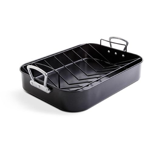 Gibson Cuisine Select Broxton 2PC Turkey Roaster with V-Rack, Black Xylan Non Stick interior, French Handle