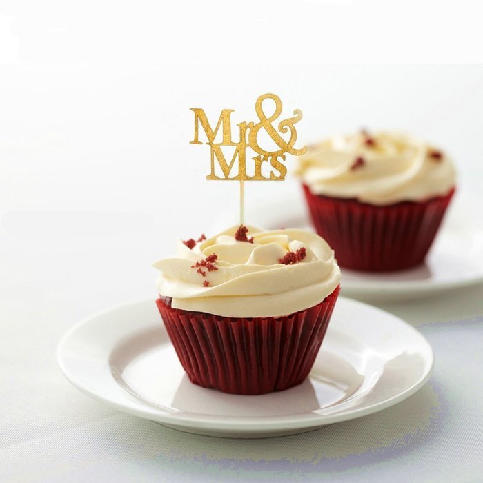 20 Pcs Gold Glitter Mr Mrs Cupcake Cake Toppers Pick Wedding Bridal Party N5