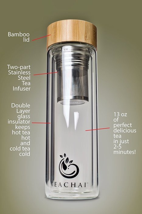 Glass Tea and Fruit Tumbler - Portable and Travel Friendly with Stainless Steel Infuser and BPA free Bamboo Lid N2