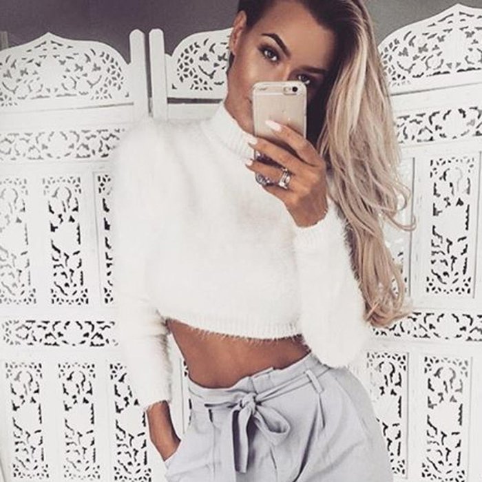 Blouse,BeautyVan Women Long-sleeved High-necked Shirt Umbilical Bottomed Plush Blouse (One Size, Gray) N29