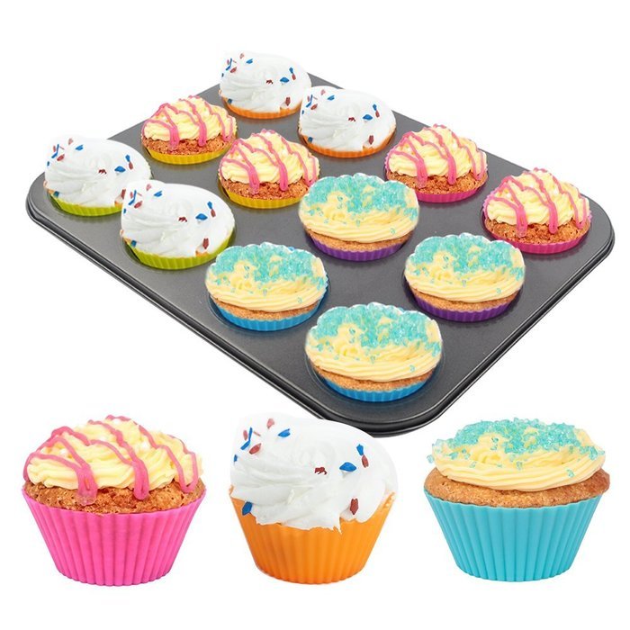 Goldenwide&reg; Combo of Nonstick Bakeware 12-Cup Regular Muffin Pan and Silicone Baking Cups , 12 Reusable Vibrant... N6