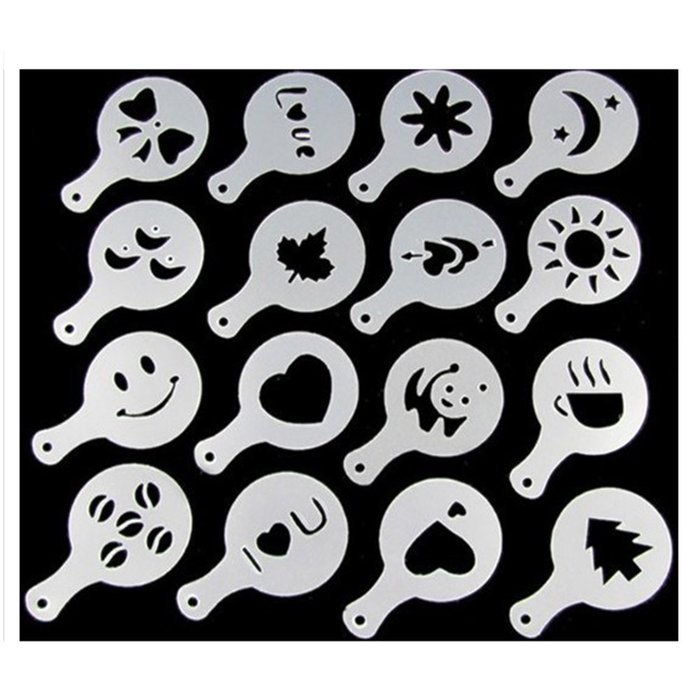 Kelier 16pcs Creative Nice Coffee Barista Stencils Strew Pad Duster Spray Art N2