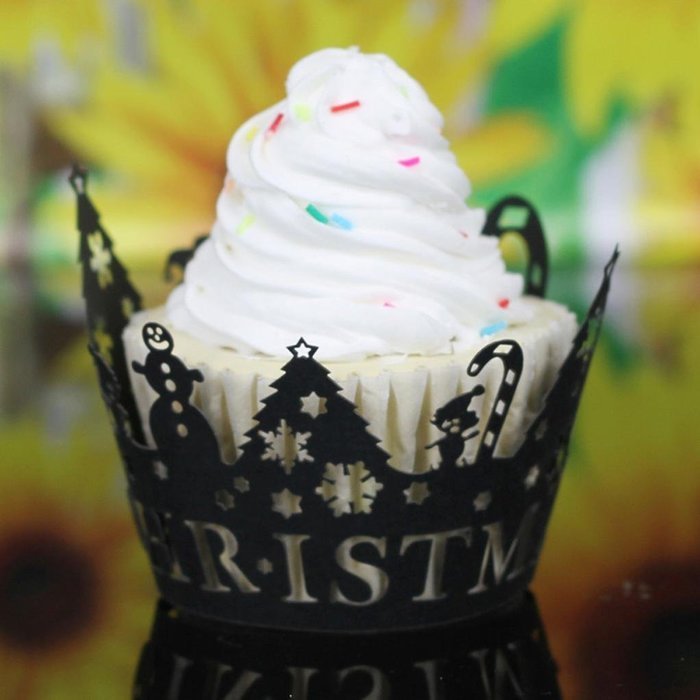 DZT1968 24Pcs Christmas Hollow Lace Cup Muffin Cake Paper Case Wraps Cupcake Wrapper (Blue) N14