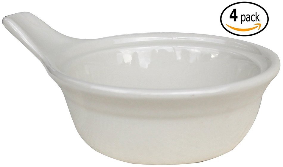 CAC Ceramic Single Serve Casserole Baking Dish with Handle and Pan Scraper, Set of 4, Bone White (15 Ounce) N3