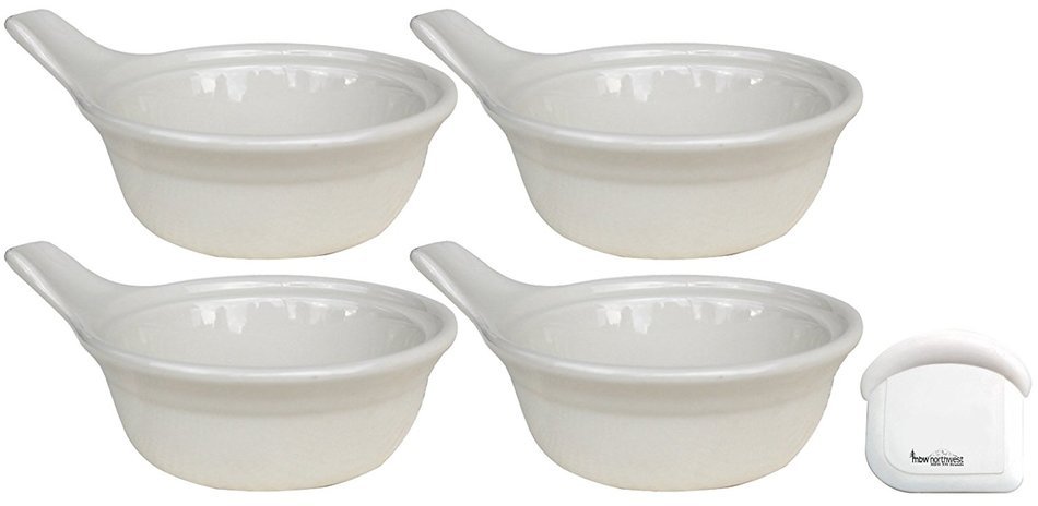 CAC Ceramic Single Serve Casserole Baking Dish with Handle and Pan Scraper, Set of 4, Bone White (15 Ounce) N4