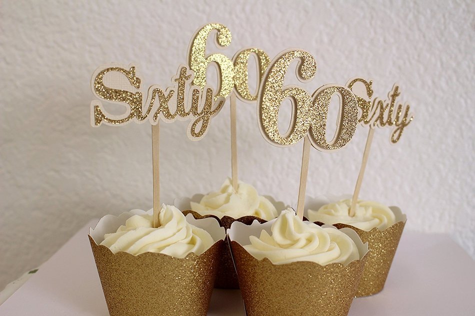 All About Details Gold Sixty Cupcake Toppers, Set of 12