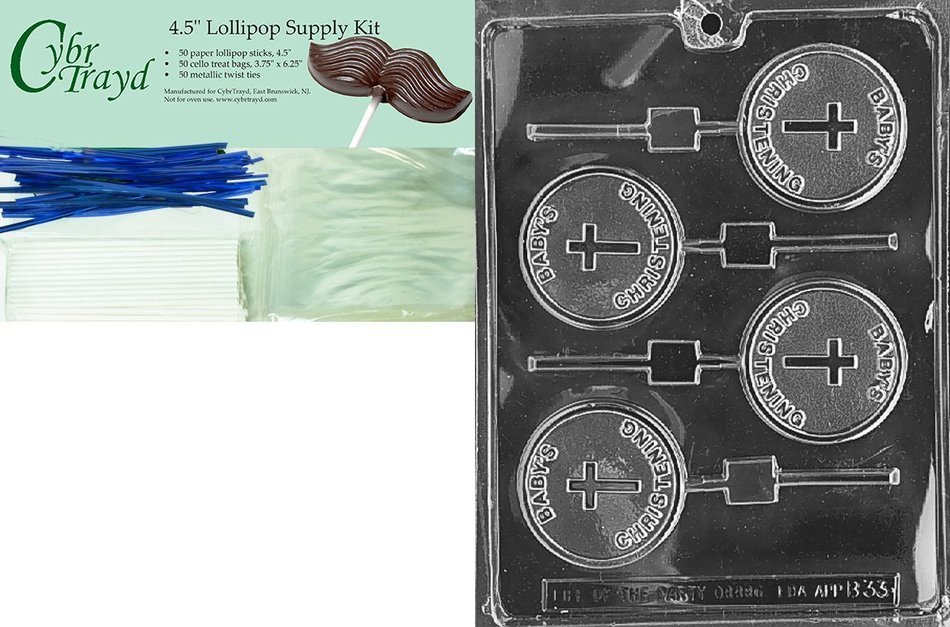 Cybrtrayd "Baby's Christening Lolly" Baby Chocolate Candy Mold with Lollipop Supply Bundle, Includes 50 Lollipop...