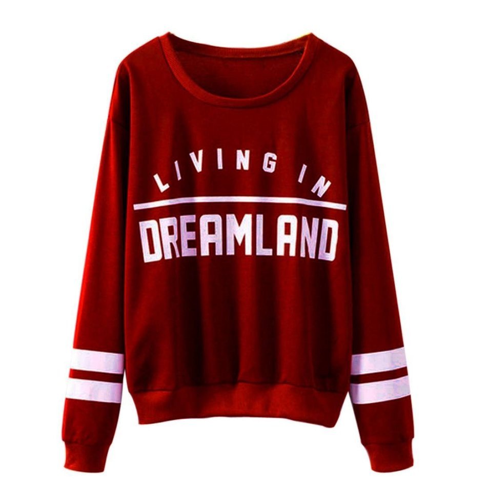 Oksale Women Letters Printed Cotton O-Neck Long Sleeved Hedging Blouse Shirt (L) N2