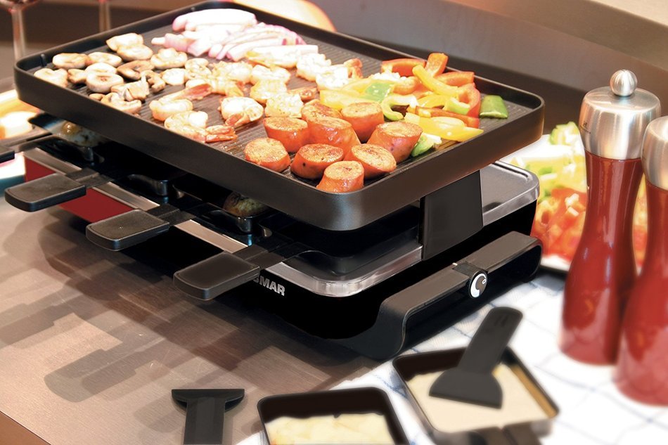 Swissmar KF-77040 Classic 8-Person Raclette Party Grill with Reversible Cast Iron Grill Plate/ Crepe Top, Black N7