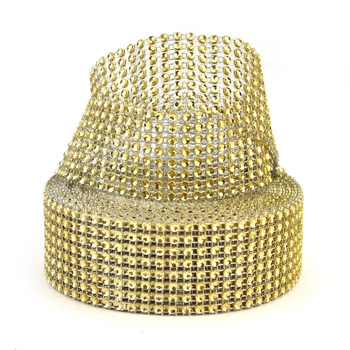Aspire Gold Diamond Rhinestone Ribbon Wrap Roll, Cake And Party Decoration 8 Rows 1.5" X 10 Yards N4