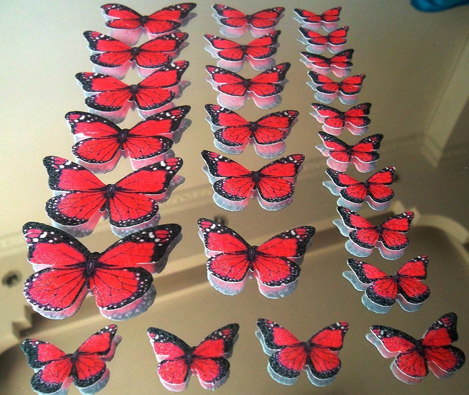 24 Decorative Wafer Paper Butterflies 3 Sizes Assorted Red Butterflies Pre-cut N4