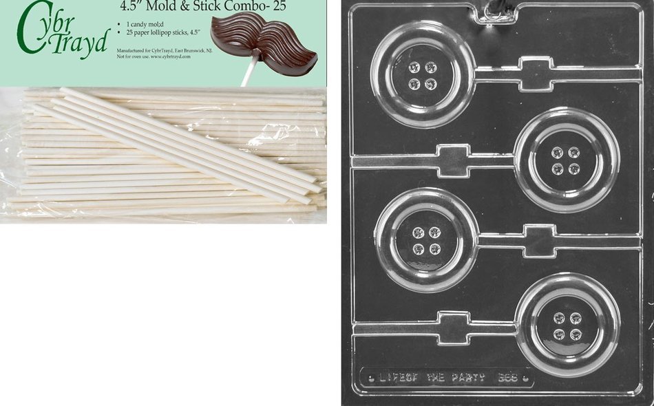Cybrtrayd 45St25-B068 Button Lolly Baby Chocolate Candy Mold with 25 Cybrtrayd 4.5-Inch Lollipop Sticks