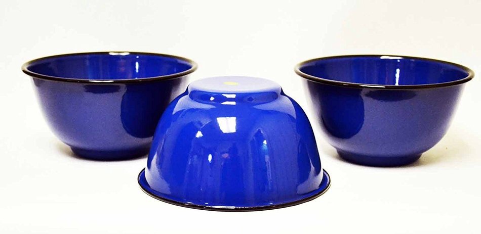 SET OF 3, SOLID BLUE WITH BLACK TRIM ENAMELWARE MIXING BOWLS-3.5 INCHES HIGH X 7 INCHES DIAMETER