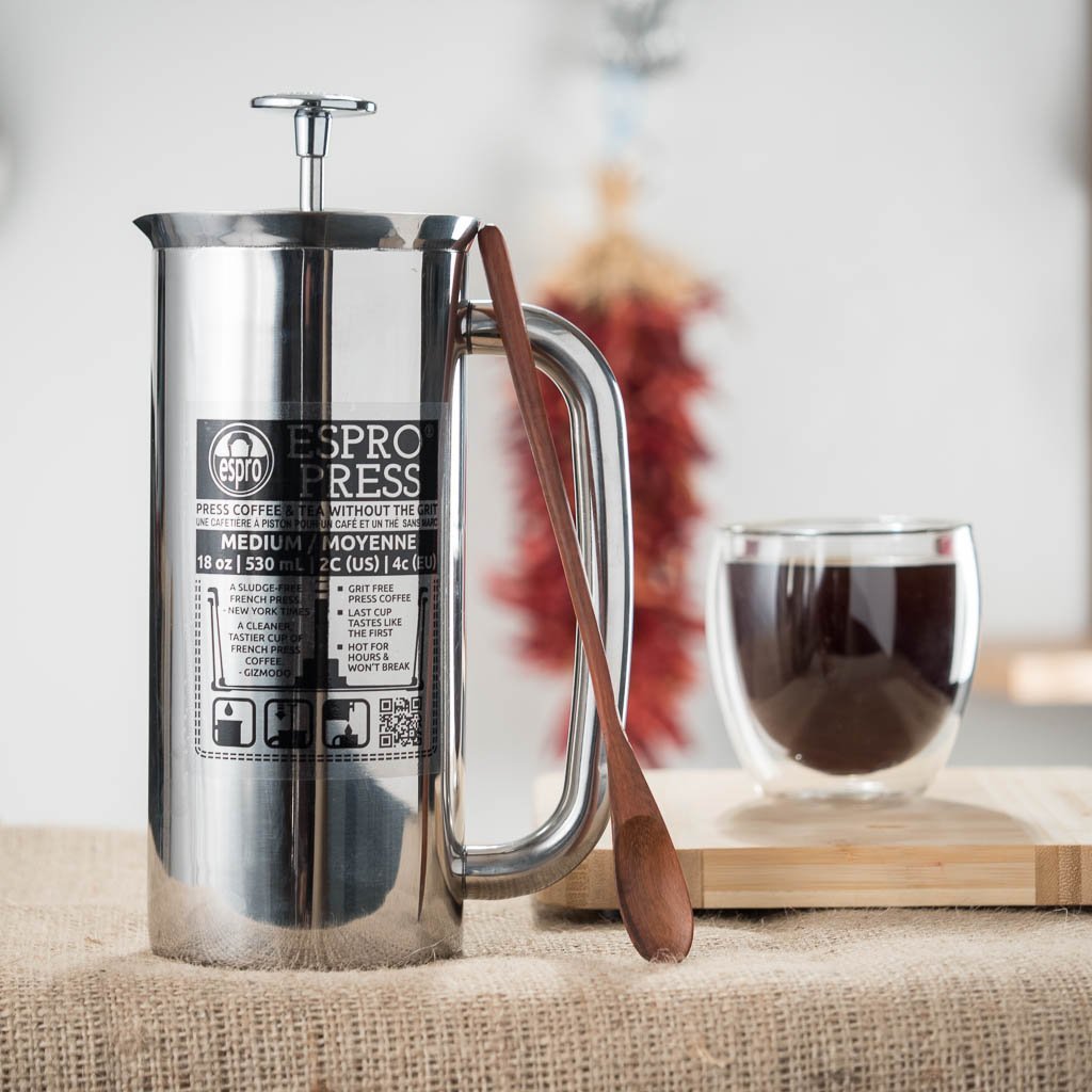 Espro Press Stainless Steel Coffee Press (34 cups, 18 oz) Bundle with Wooden Spoon, Double Wall