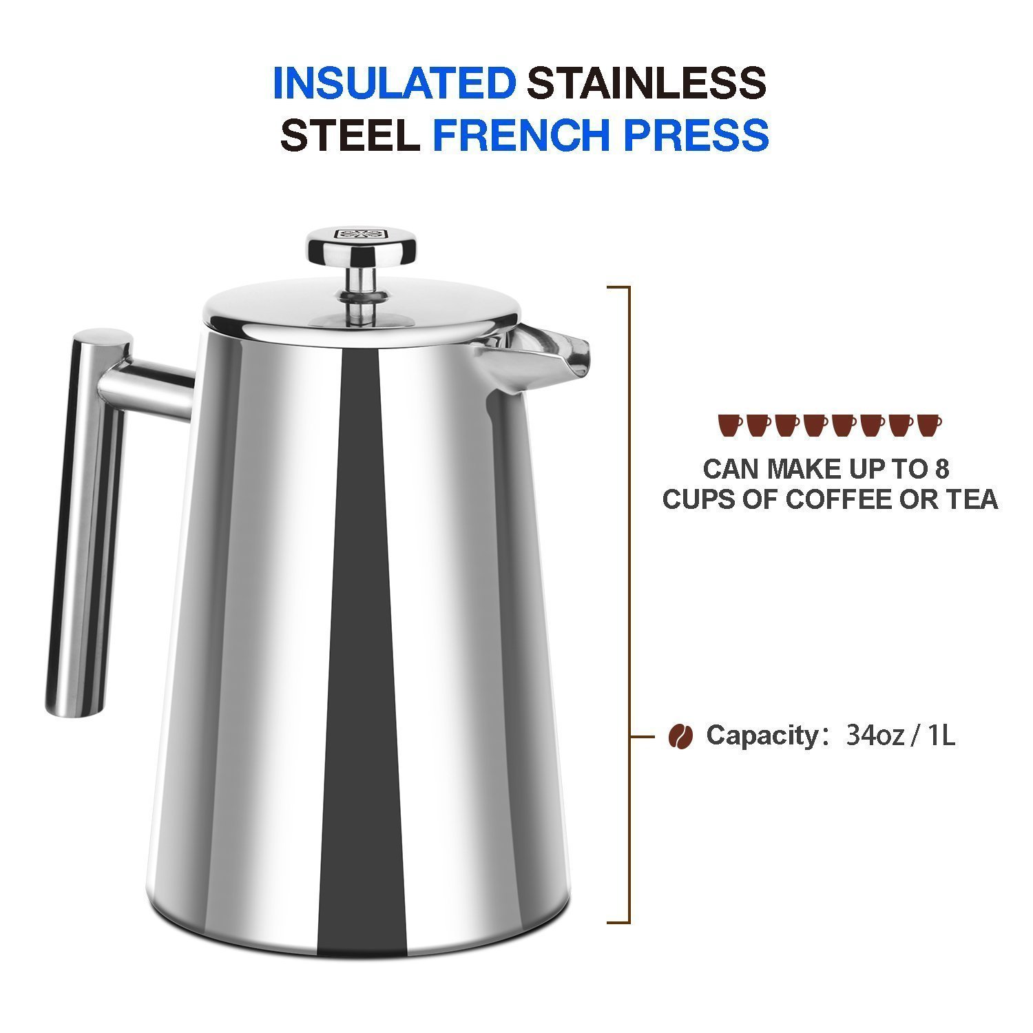 Zestkit French Press Double 18/10 Stainless Steel Wall with #170 mesh ...