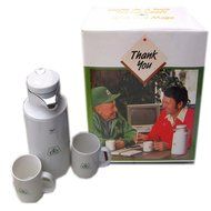 Vintage Pioneer Seeds Glass Lined Thermal Carafe w/ Coffee Two Mugs