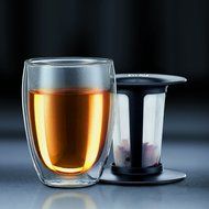 Bodum 12-Ounce Tea for One, Double Wall Glass with Strainer, Red