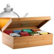 Bamb&uuml;si by Belmint 8-Compartment Tea Storage Box with Hinged Lid ✦ Crafted of 100% Natural Bamboo (Clear Lid) N4
