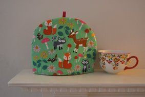Whimsical Woodland Delight Artisanal Cotton Insulated Tea Cozy - Lime Green Forest With Happy Animals - Fox, Deer...