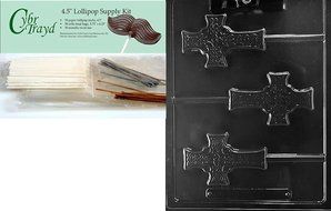 Cybrtrayd Celtic Cross Lolly Chocolate Candy Mold with Lollipop Supply Bundle, Includes 50 Sticks, 50 Cello Bags... N6