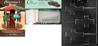 Cybrtrayd Celtic Cross Lolly Chocolate Candy Mold with Lollipop Supply Bundle, Includes 50 Sticks, 50 Cello Bags... N7