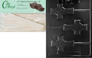 Cybrtrayd Celtic Cross Lolly Chocolate Candy Mold with Lollipop Supply Bundle, Includes 50 Sticks, 50 Cello Bags... N8