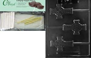 Cybrtrayd Celtic Cross Lolly Chocolate Candy Mold with Lollipop Supply Bundle, Includes 50 Sticks, 50 Cello Bags... N9