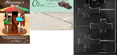 Cybrtrayd Celtic Cross Lolly Chocolate Candy Mold with Lollipop Supply Bundle, Includes 50 Sticks, 50 Cello Bags... N10