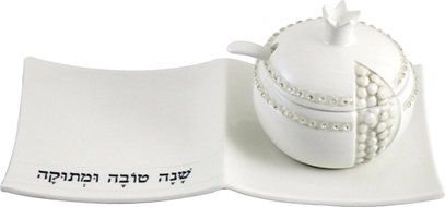 Ceramic Honey Dish Set with Stones 9 Cm (3.54&quot;) Diameter- Pomegranate for Rosh hashana Jewish holidays Art judaica
