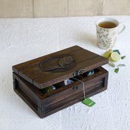 Wooden Tea Storage Box Compact Organizer Handcrafted with Tea Leaf Motif N3