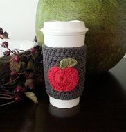 Coffee Sleeve - Coffee Cup Cozy Grey Apple Applique N3