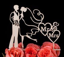 LOVENJOY with Gift Box Mr and Mrs Bride and Groom Silhouette Wedding Cake Topper Rustic Wood (6-inch) N3