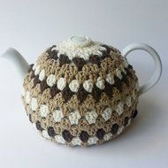 Crochet Tea Pot Cozy Beige Off White Brown Cotton