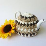 Crochet Tea Pot Cozy Beige Off White Brown Cotton N2