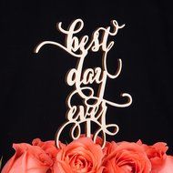 LOVENJOY with Gift Box Best Day Ever Monogram Wedding Engagement Rustic Wood Cake Topper (5.1-inch)