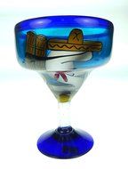 Mexican Glass Margarita and Pitcher, Hand Painted Poncho Cactus (Set of 4) N4