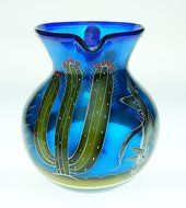Mexican Glass Margarita and Pitcher, Hand Painted Poncho Cactus (Set of 4) N6