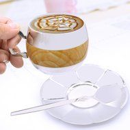 Coffee Cup Set Yummy Sam Stainless Steel 140ml Coffee / Milk Cup with Spoon and Saucer Double Wall Beverage Mug... N4