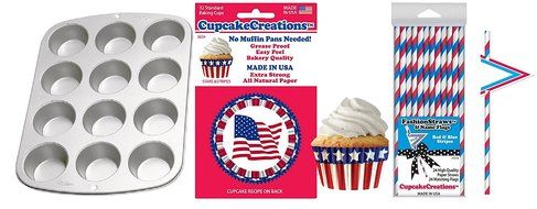 Stars &amp; Stripes Party Pack, Muffin Pan, Baking Cups, Fashion Straws &amp; Name Flags