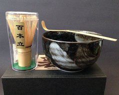 Japanese Arahake Matcha Bowl with Spoon &amp; 100 Count Whisk Tea Ceremony Gift Set