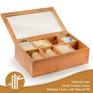 Bamb&uuml;si by Belmint 8-Compartment Tea Storage Box with Hinged Lid ✦ Crafted of 100% Natural Bamboo (Clear Lid) N11