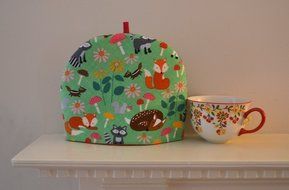 Whimsical Woodland Delight Artisanal Cotton Insulated Tea Cozy - Lime Green Forest With Happy Animals - Fox, Deer... N2