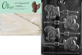 Cybrtrayd 45St50-T010 Turkey Lolly Thanksgiving Chocolate Candy Mold with 50-Pack 4.5-Inch Lollipop Sticks