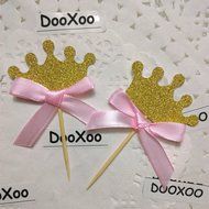 DOOXOO Gold glitter crown cupcake topper with pink bow. 1st birthday, princes, prince, custom number cupcake topper... N3