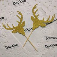 DOOXOO Deer Cupcake Toppers, Deer Party, Hunting Cake Topper,Gold Glitter,Animal Party Favors,Deer Decor,Cake... N3