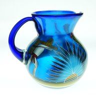 Mexican Glass Margarita and Pitcher, Hand Painted Poncho Cactus (Set of 4) N7