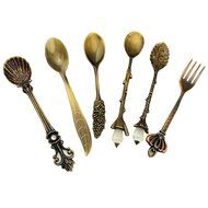 Retro Creative Coffee Scoops Stirring Spoon Sugar Spoon Tea Spoon with Fruit Fork Set of 6 (Silver) N32
