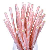 eBoot Pink Paper Straws 3 Patterns 75 Pieces with Happy Birthday Banner N2