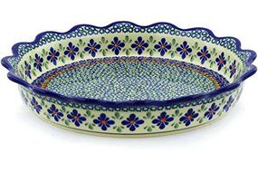 Polish Pottery Fluted Pie Dish 11-inch Gingham Flowers N2