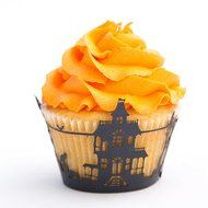 Cupcake Wrappers Haunted House x50pcs. 3 Halloween wraps to choose in shimmering black (Scary Houses) N5